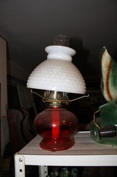 Vintage Ruby Red Glass Oil Lamp With Hobnail Milk Glass Shade