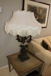 Vintage Hollywood Regency Style Ornate Bronze Table Lamp With Crystal Sphere & Fringe Shade