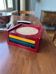 Mid-Century Modern Wooden Drink Coasters With Cork Inserts And Holder Set