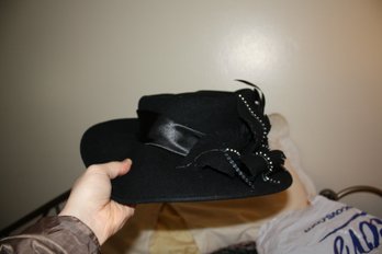100 Wool Black Wool Felt Church Hat With Feather And Beaded Band (RN 122324)