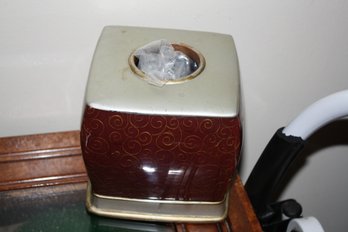 Tissue Box Cover With Brown And Silver Tone Geometric Pattern Design