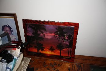 Hawaii Sunset Lacquered Wood Wall Plaque With Palm Tree Tropical Scene