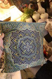 Navy Blue And Sage Green Turkish Medallion Square Throw Pillow