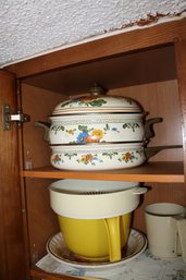 Vintage Enamelware Double Boiler Pot With Floral Pattern And Metal Handles