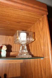 Pressed Glass Pedestal Wedding Cake Box Dish With Square Form And Gold Trim Accents