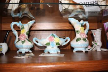 Porcelain Pitchers And Centerpiece Bowl With Applied Floral Rose Design