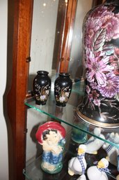 Set Of 2 Black Porcelain Miniature Bud Vase With Gold Peacock And Floral Decorative Motif