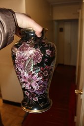 Enamel Vase With Floral And Bird Motif On Black Ground