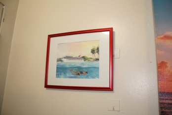 Framed Nautical Art Print Featuring Snorkeling Scene With Cruise Ship Background