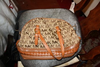 Brown MK Logo Satchel Crossbody Bag With Braided Handle And Gold Tone Hardware