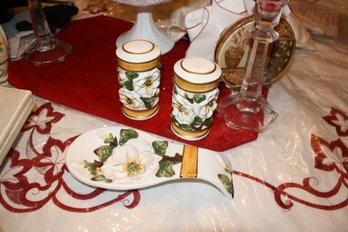 Ceramic Magnolia Floral Salt And Pepper Shakers With Gold Trim And Raised Flower Detail