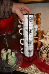Honey Bee Ceramic Espresso Cups With Motivational Text And Metal Display Rack New
