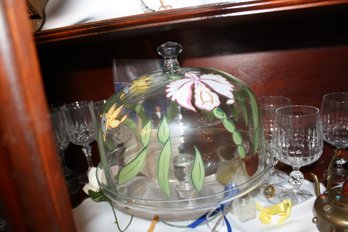 Glass Cake Dome With Hand-Painted Floral Tropical Lily And Orchid Design