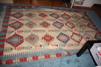 Handwoven Turkish Kilim Rug With Traditional Geometric Pattern Approximately 101 Inches Wide By 69 Inches Long