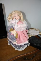 Vintage Head Doll  Blonde Hair, Blue Eyes In Pink Floral Dress