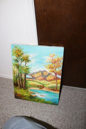 Original Oil On Canvas 'Rustic Mountain Cabin Landscape' Signed Noelia