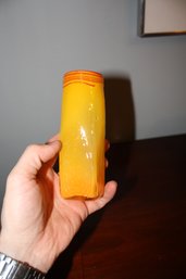 Mid-Century Yellow & Orange Hand-Blown Art Glass Vase With Red Threading