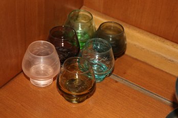Mid Century Jewel Tone Etched Cordial Shot Glass Collection