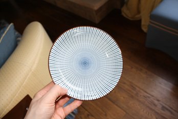 Sendan Tokusa Japanese Blue & White Porcelain Plate With Brown Rim