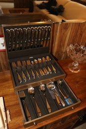 Steel Flatware Set In Wooden Storage Chest