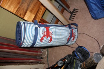 Nautical Blue & White Striped Beach Mat With Red Lobster Print
