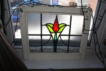 Antique Stained Glass Tulip Window In Chippy White Wood Frame