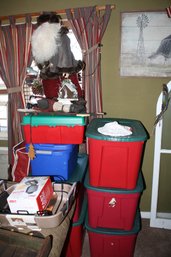 Large Lot Of Christmas Holiday Storage Containers With Christmas Decor And Santa Figurine