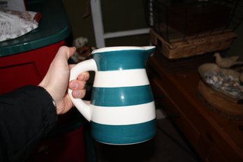 Vintage Terramoto Dreadnought Ceramic Pitcher  Blue & White Stripes