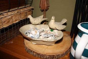 Vintage Decorative Ceramic Bowl With Bird Figurines And Seashells