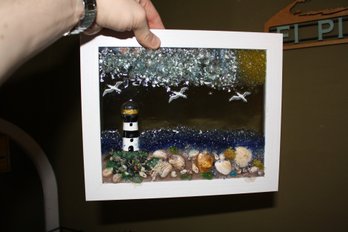 Handcrafted Coastal Lighthouse Artwork With Crushed Glass And Seashells