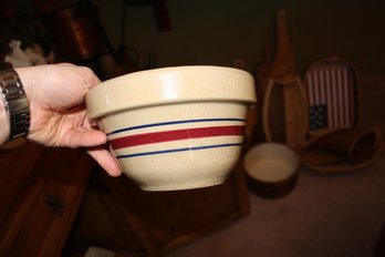 Vintage R.R.P. Co. Yellow Ware Mixing Bowl With Blue & Red Stripes