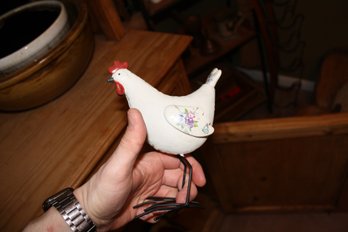 Vintage Fabric Chicken Figurine With Floral Wing And Wire Legs