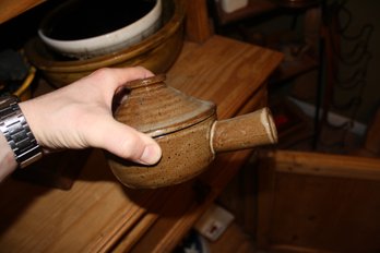 Vintage Stoneware Wave Microwave Cooker Soup Crock With Lid And Handle