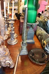 Vintage Brass Decorative Obelisk With Verdigris Patina And Stepped Square Base