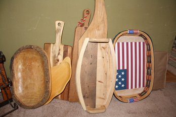 Lot Of Wooden Serving Trays And Cutting Boards