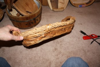 Vintage Bamboo Woven Oval Basket With Wooden Handles