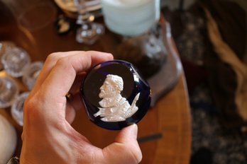 BaccaratCobalt Blue Crystal Sulphide Paperweight With Christopher Columbus Cameo Chipped