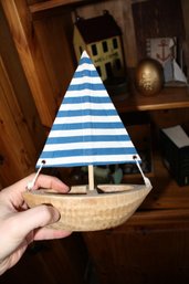 Decorative Wooden Sailboat Model With Blue And White Fabric Sails