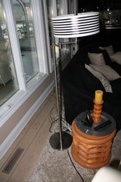Modern Floor Lamp With Metallic Base And Black & White Striped Cylindrical Shade