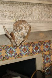 Antique Carved Polychrome Wooden Angel Cherub Putto Wall Bracket