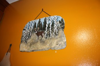 John Tooker 2002 Hand-Painted Slate Deer Plaque  Rustic Forest Scene