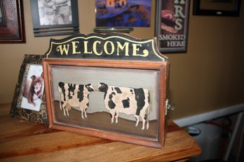 Vintage Country Farm WELCOME Shadowbox Wall Hanging  Rustic Cow Design