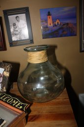 Decorative Glass Vase With Twine Wrap  Bulbous Base Tabletop Accent