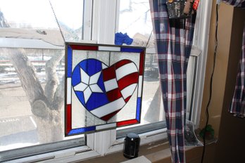 Handcrafted Patriotic Heart Stained Glass Window Heart 18 Inches Wide