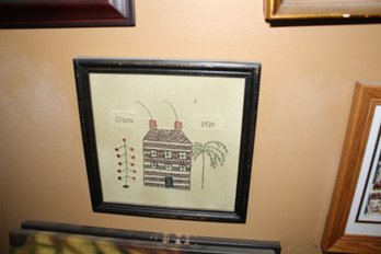 1910 Clara Hand-Stitched Folk Art Needlework Sampler With House And Willow Motif