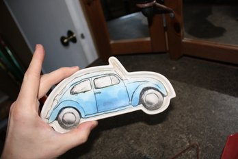 Fishs Eddy Volkswagen Beetle Ceramic Pin Dish Tray With Blue VW Bug Illustration