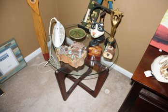 Round Glass Top Side Table With Wooden Base