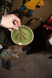 Vintage Japanese Oribe-Style Ceramic Bowl With Green Glaze And Hand-Painted Design