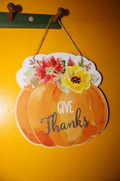 Give Thanks Pumpkin Wood Wall Decor With Floral Accents
