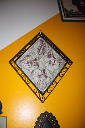 Vintage European-Style Terracotta Relief Wall Hanging With Wrought Iron Frame